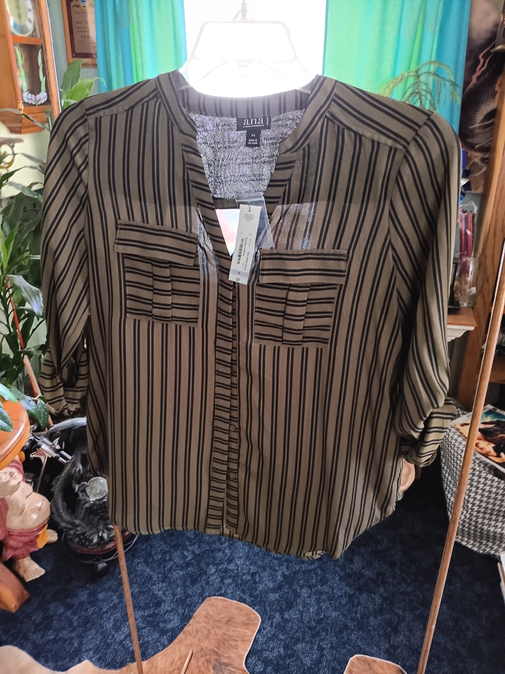 a.n.a Olive Green and Black Vertical Stripe Button-Front Shirt
